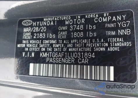 2020 Hyundai Veloster 2.0 z USA, uszkodzony, nr VIN KMHTG6AF1LU031894